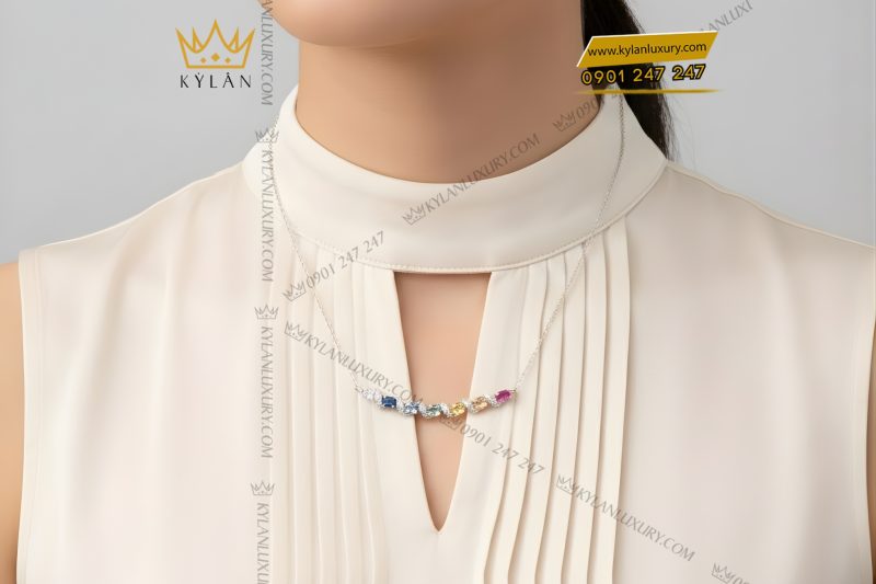 Dây chuyền vàng trắng Au750 đính kim cương và đá quý