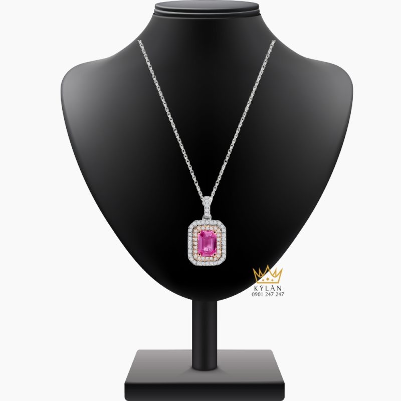 Dây chuyền vàng trắng Au750 đính kim cương và đá quý hồng