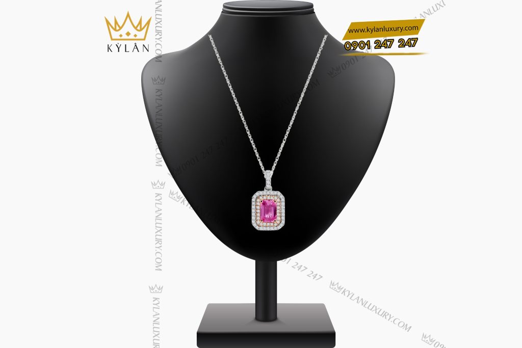 Dây chuyền vàng trắng Au750 đính kim cương và đá quý hồng 2 Dây chuyền vàng trắng Au750 đính kim cương và đá quý hồng