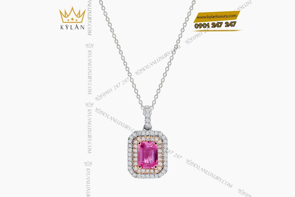 Dây chuyền vàng trắng Au750 đính kim cương và đá quý hồng 3 Dây chuyền vàng trắng Au750 đính kim cương và đá quý hồng