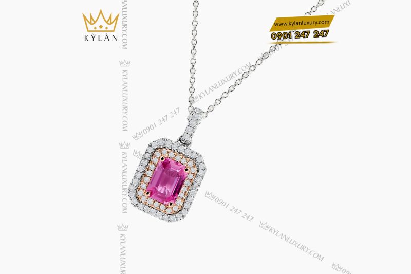 Dây chuyền vàng trắng Au750 đính kim cương và đá quý hồng