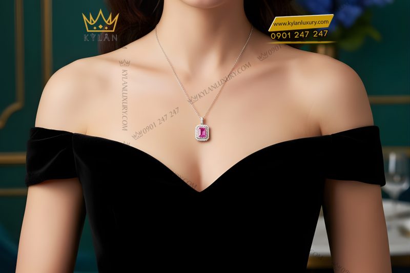 Dây chuyền vàng trắng Au750 đính kim cương và đá quý hồng