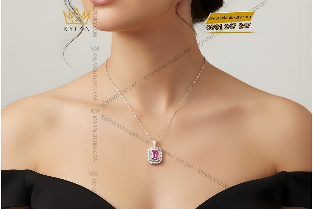 Dây chuyền vàng trắng Au750 đính kim cương và đá quý hồng 7 Dây chuyền vàng trắng Au750 đính kim cương và đá quý hồng