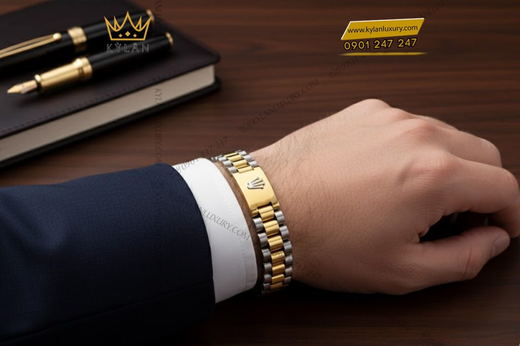 Lắc tay Rolex demi vàng vàng Au750