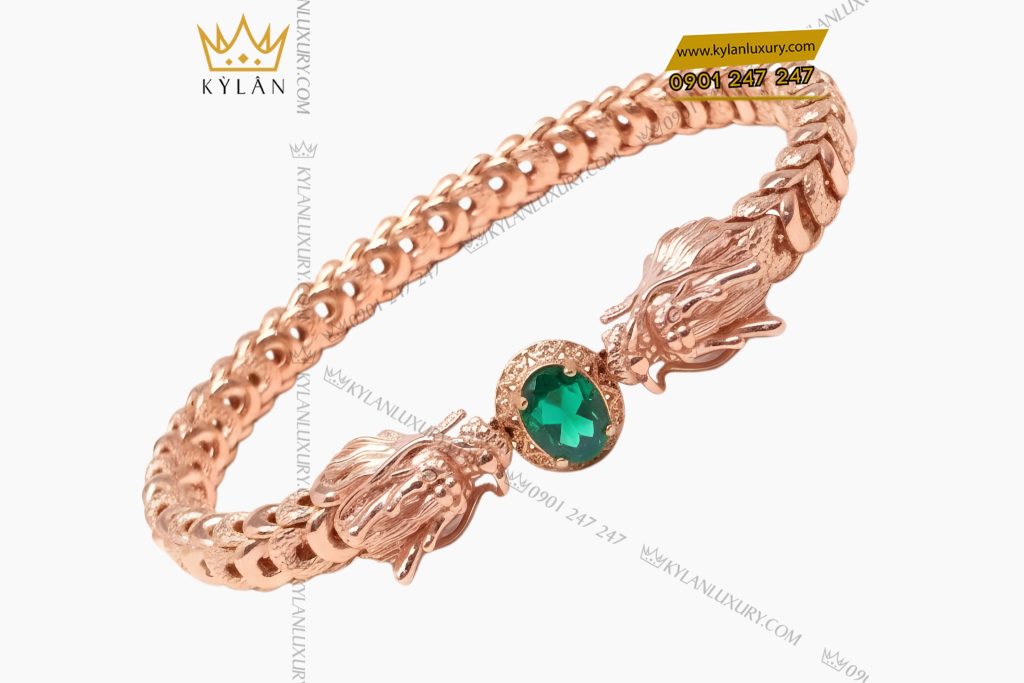 Kỳ Lân Luxury Lac tay Rong vang hong Au750 dinh da quy xanh 2 Lắc tay Rồng vàng hồng Au750 đính đá quý xanh