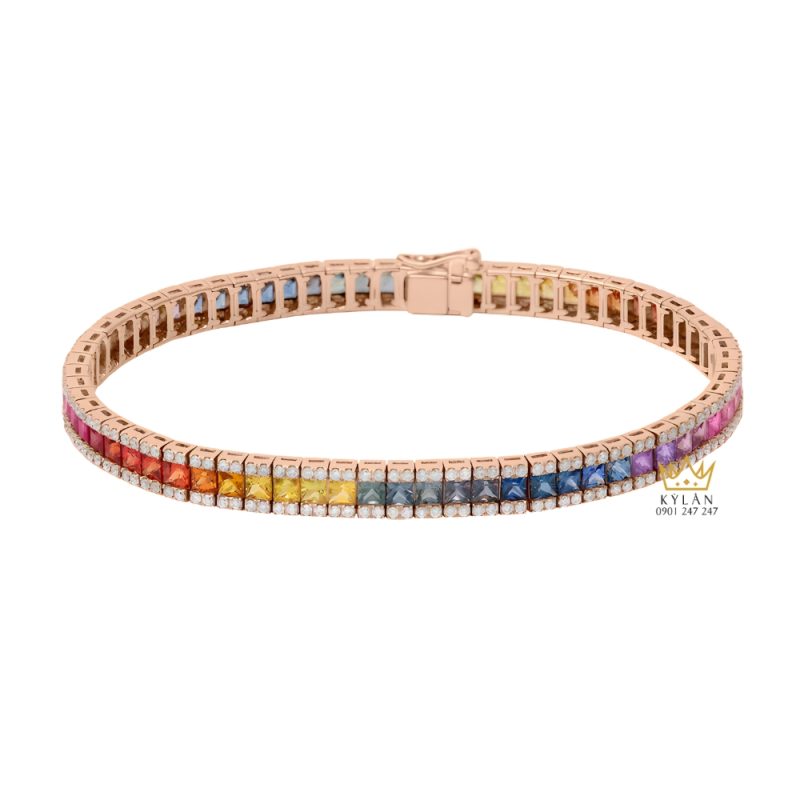 Lắc tay Tennis vàng hồng Au750 đính kim cương và đá quý