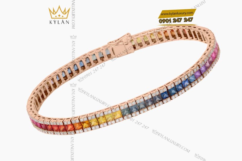 Lắc tay Tennis vàng hồng Au750 đính kim cương và đá quý