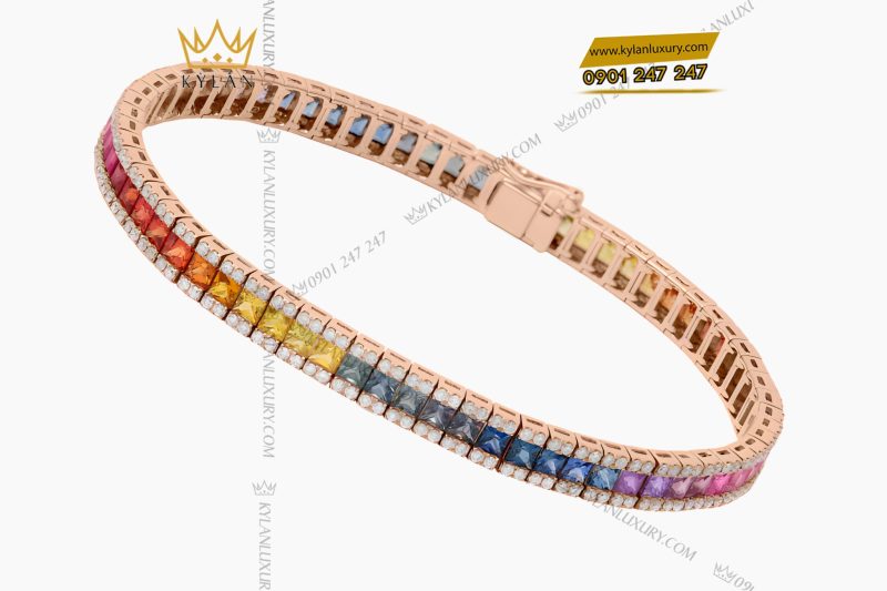 Lắc tay Tennis vàng hồng Au750 đính kim cương và đá quý