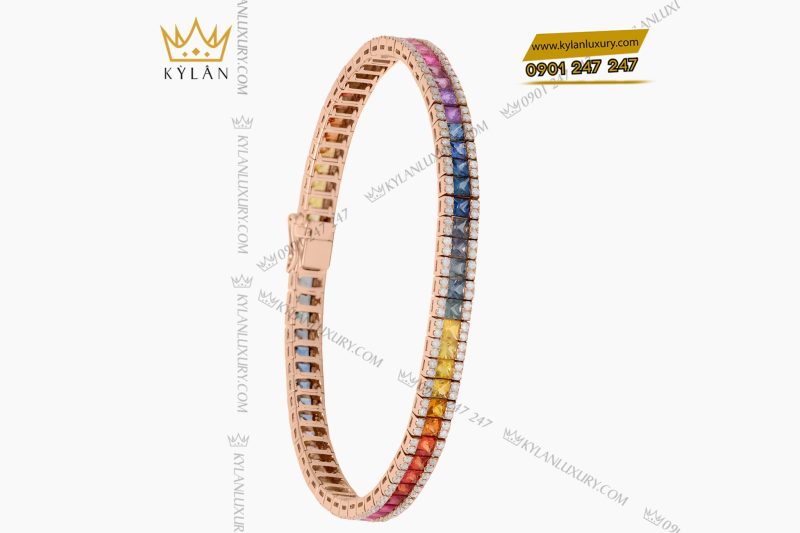 Lắc tay Tennis vàng hồng Au750 đính kim cương và đá quý