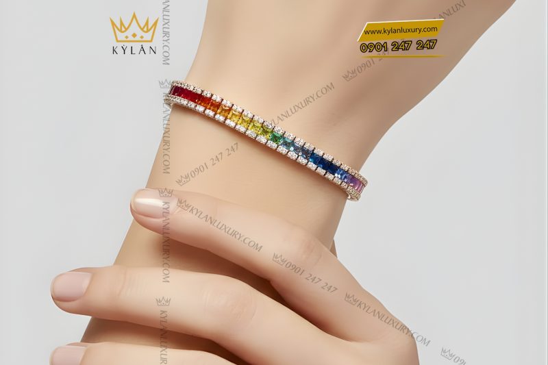 Lắc tay Tennis vàng hồng Au750 đính kim cương và đá quý