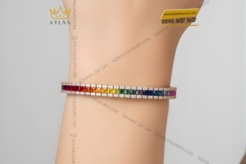 Lắc tay Tennis vàng hồng Au750 đính kim cương và đá quý