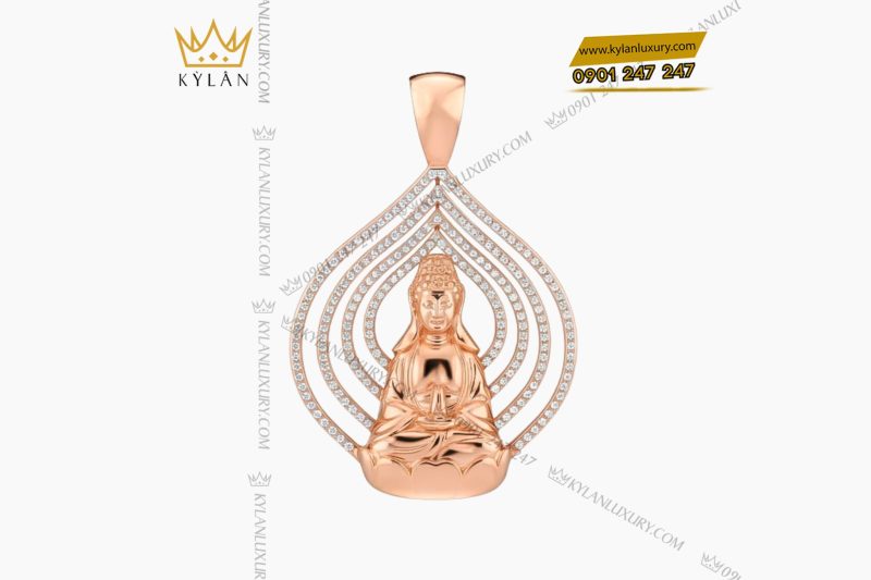 Mặt dây chuyền Phật Quan Âm vàng hồng Au750 đính kim cương