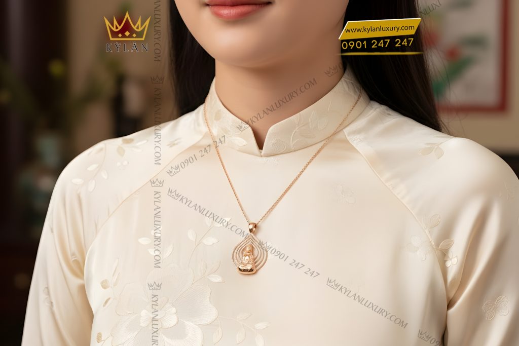 Mặt dây chuyền Phật Quan Âm vàng hồng Au750 đính kim cương 7 Mặt dây chuyền Phật Quan Âm vàng hồng Au750 đính kim cương