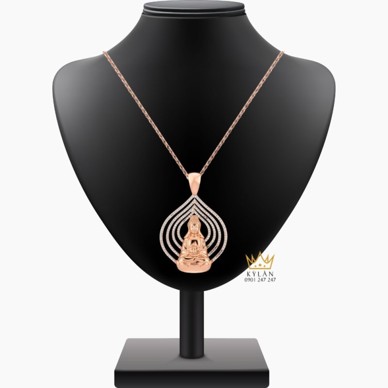 Mặt dây chuyền Phật Quan Âm vàng hồng Au750 đính kim cương