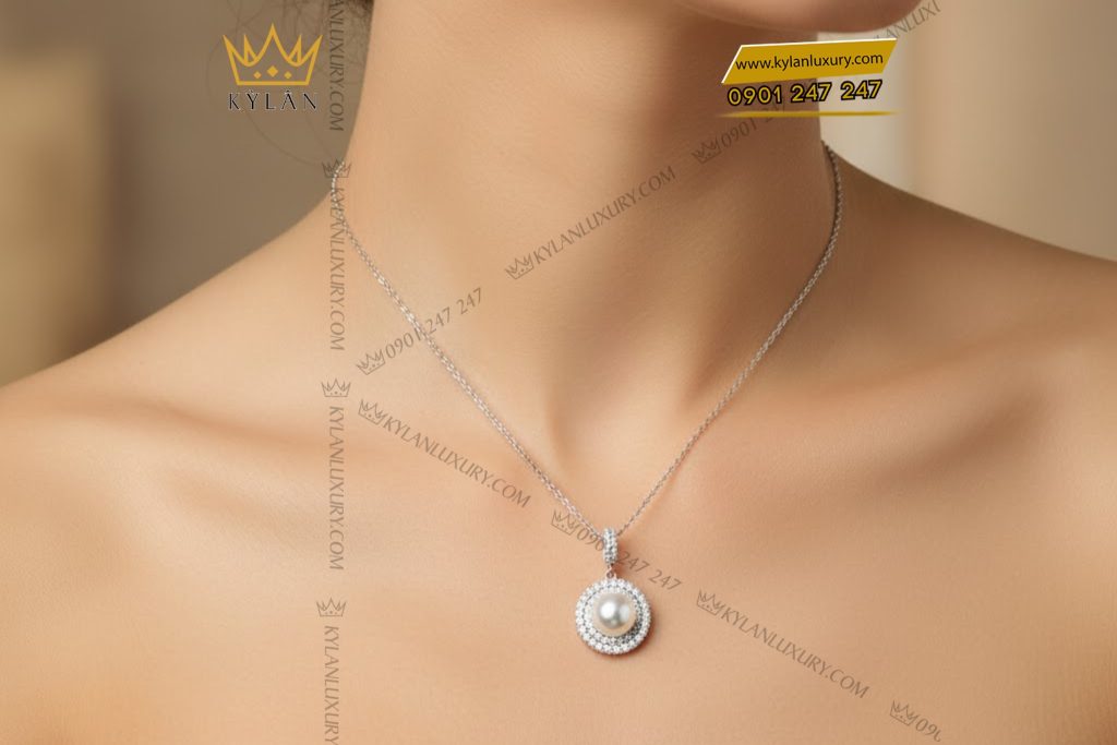 Mặt dây chuyền ngọc trai vàng trắng Au750 đính kim cương 6 Mặt dây chuyền ngọc trai vàng trắng Au750 đính kim cương