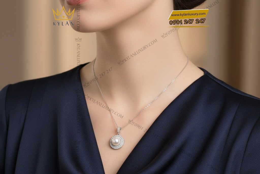 Mặt dây chuyền ngọc trai vàng trắng Au750 đính kim cương 5 Mặt dây chuyền ngọc trai vàng trắng Au750 đính kim cương