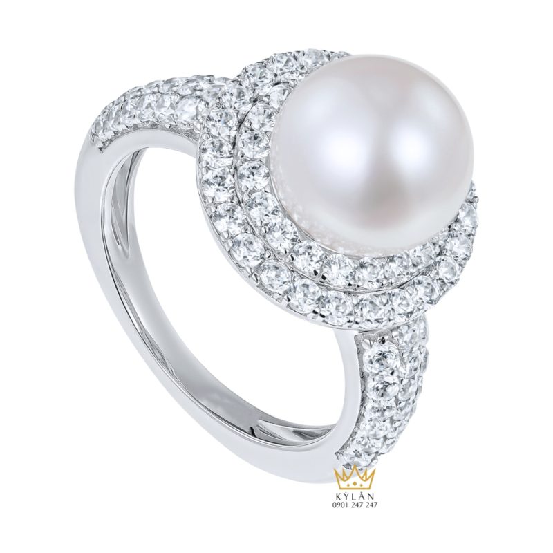 Nhẫn ngọc trai vàng trắng Au750 đính kim cương