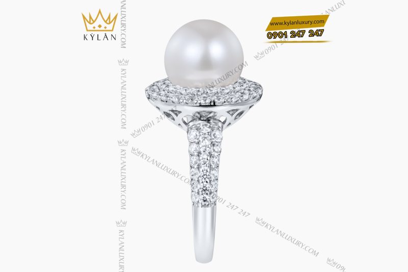 Nhẫn ngọc trai vàng trắng Au750 đính kim cương
