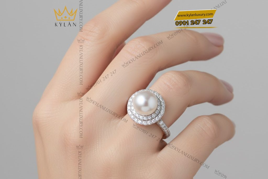 Nhẫn Ngọc Trai vàng trắng Au750 đính kim cương