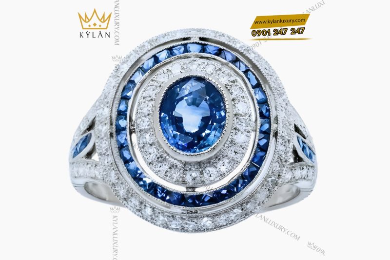 Nhẫn nữ vàng trắng Au750 đính kim cương và đá topaz