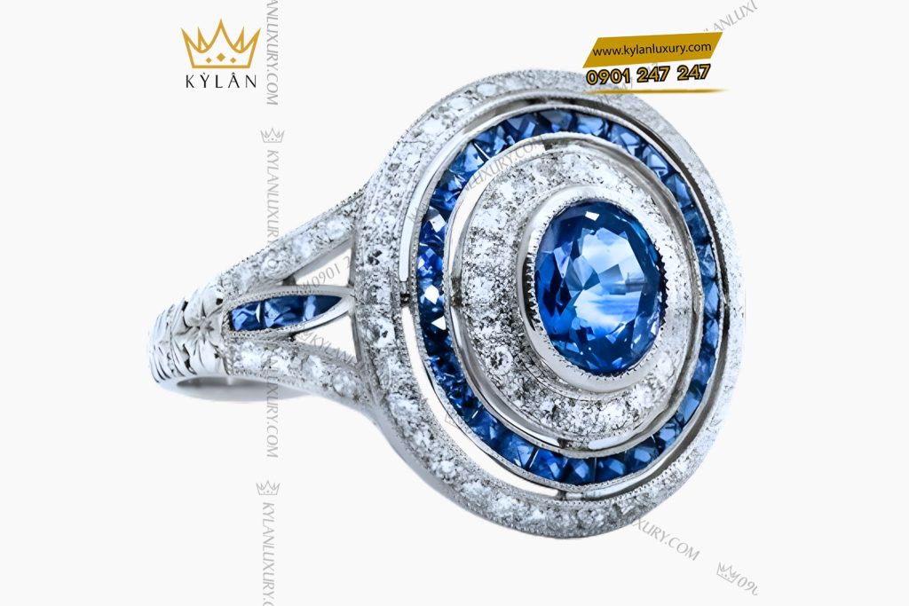 Nhẫn nữ vàng trắng nguyên khối Au750 đính kim cương và đá topaz