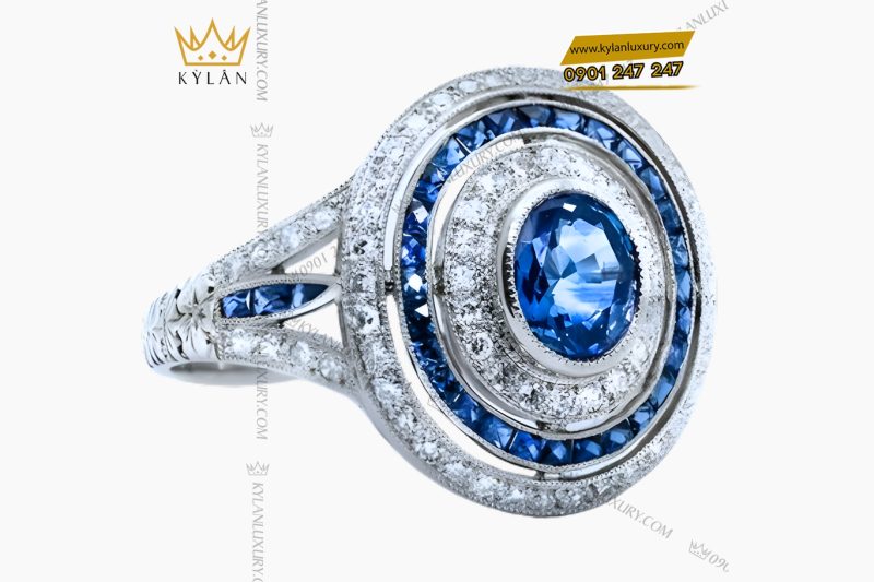 Nhẫn nữ vàng trắng Au750 đính kim cương và đá topaz