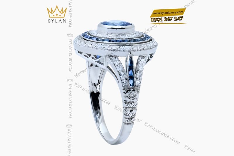Nhẫn nữ vàng trắng Au750 đính kim cương và đá topaz