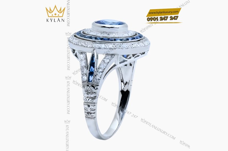 Nhẫn nữ vàng trắng Au750 đính kim cương và đá topaz
