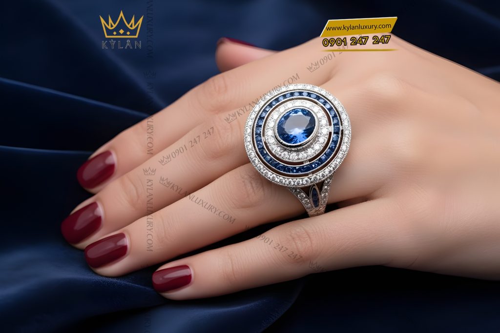 Nhẫn nữ vàng trắng nguyên khối Au750 đính kim cương và đá topaz