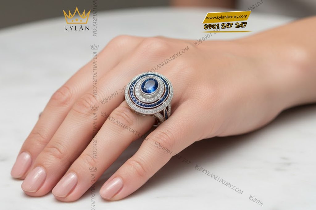 Nhẫn nữ vàng trắng nguyên khối Au750 đính kim cương và đá topaz