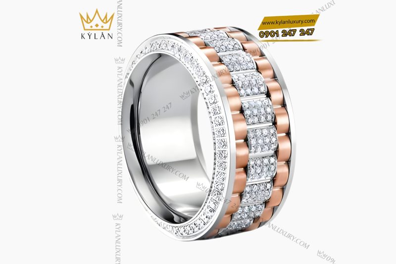 Nhẫn Rolex xoay vàng hồng Au750 đính 4 hàng kim cương