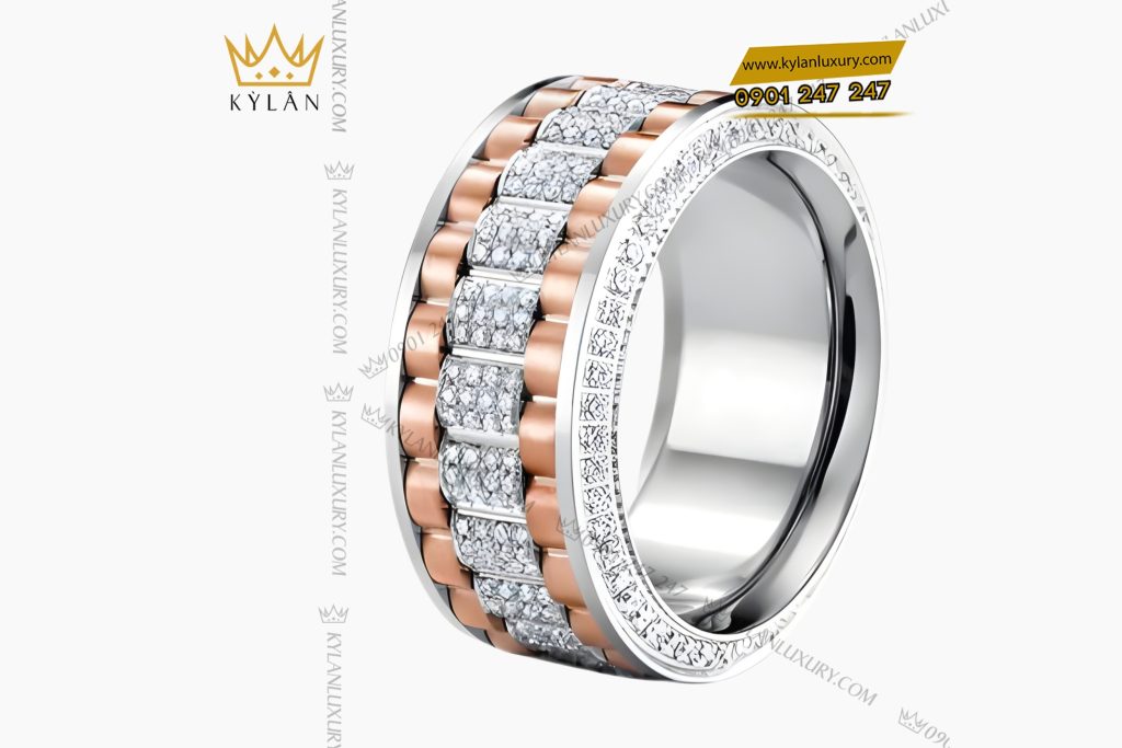 Nhẫn Rolex xoay vàng hồng Au750 đính 4 hàng kim cương