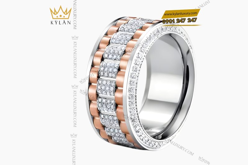 Nhẫn Rolex xoay vàng hồng Au750 đính 4 hàng kim cương