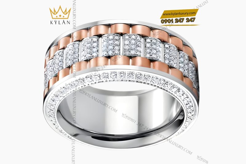Nhẫn Rolex xoay vàng hồng Au750 đính 4 hàng kim cương
