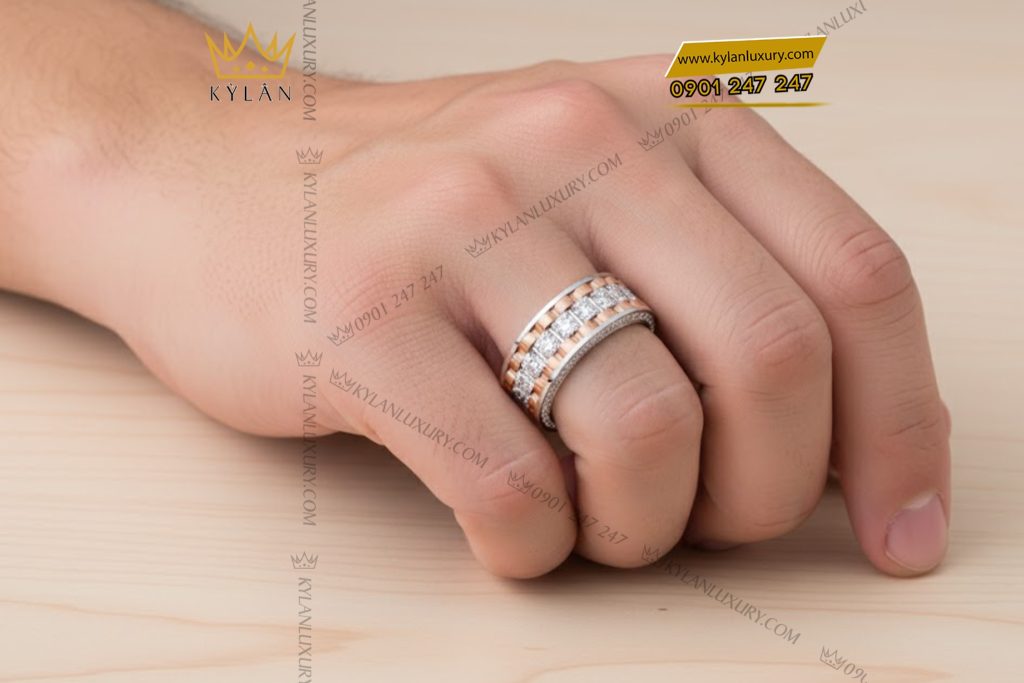 Nhẫn Rolex xoay vàng hồng Au750 đính 4 hàng kim cương