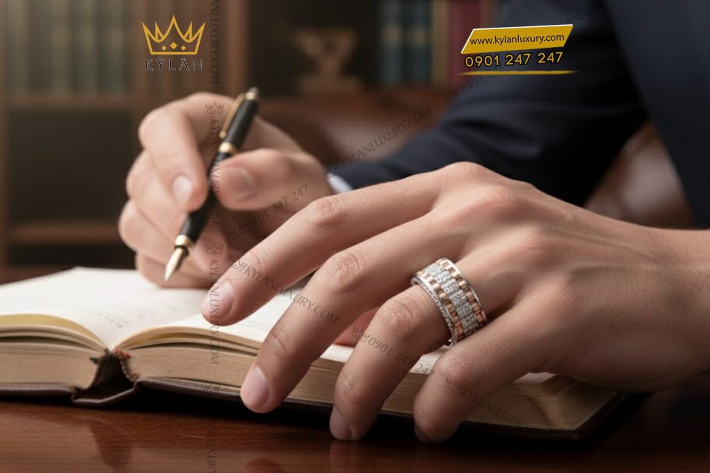 Nhẫn Rolex xoay vàng hồng Au750 đính 4 hàng kim cương