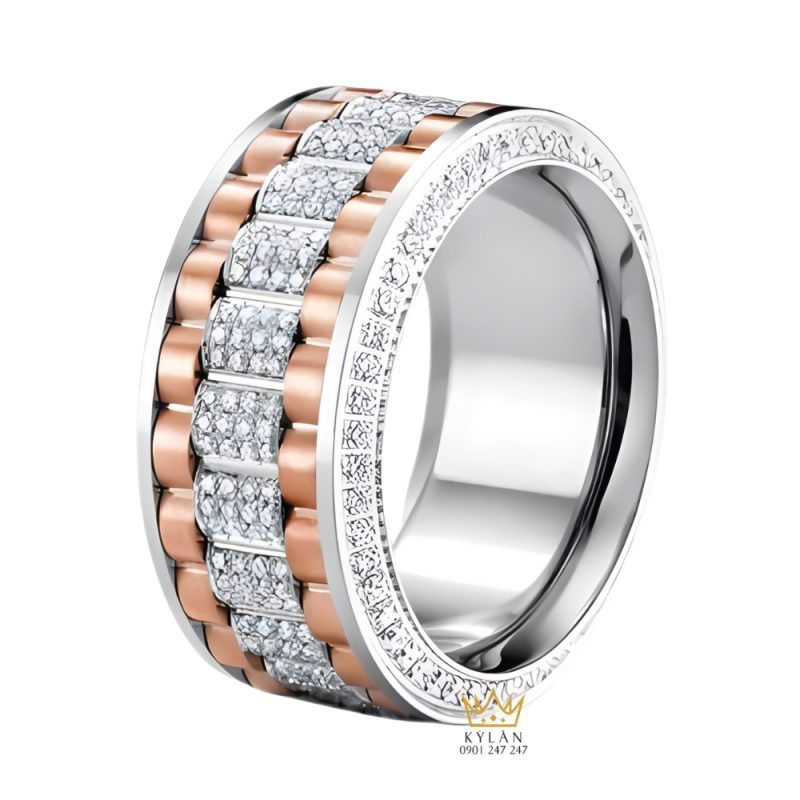 Nhẫn Rolex xoay vàng hồng Au750 đính 4 hàng kim cương