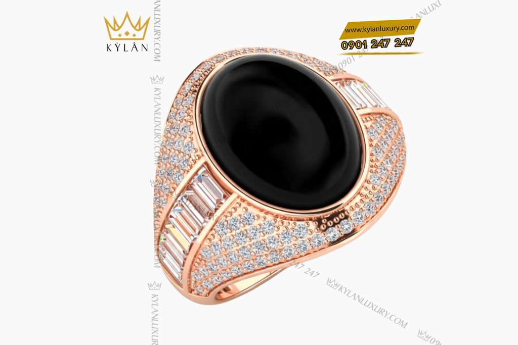 Nhẫn nam vàng Au750 đính kim cương và đá quý đen