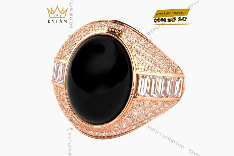 Nhẫn nam vàng Au750 đính kim cương và đá quý đen