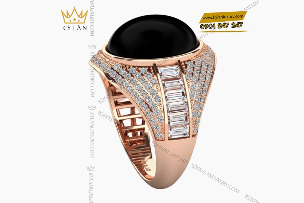 Nhẫn nam vàng Au750 đính kim cương và đá quý đen
