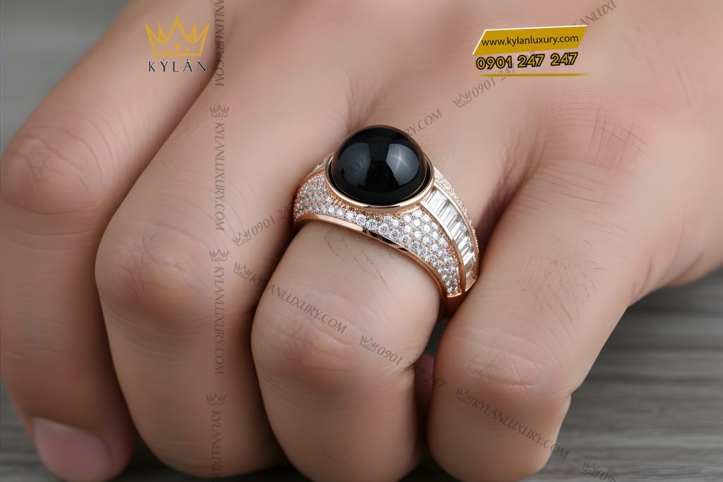 Nhẫn nam vàng Au750 đính kim cương và đá quý đen