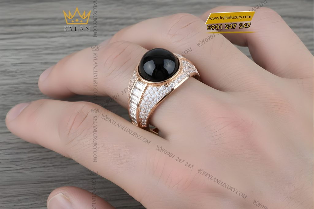 Nhẫn nam vàng Au750 đính kim cương và đá quý đen