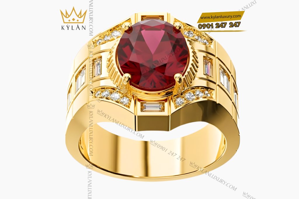 Nhẫn nam vàng Au750 đính kim cương và đá quý đỏ