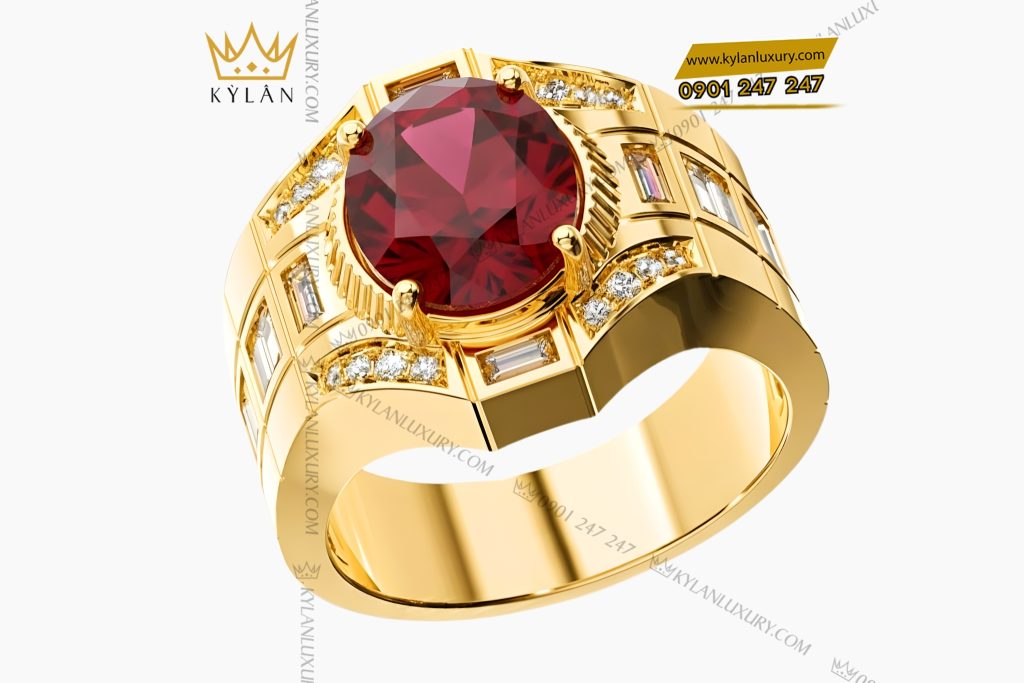 Kỳ Lân Luxury Nhan nam vang Au750 dinh kim cuong va da quy do 2 Nhẫn nam vàng Au750 đính kim cương và đá quý đỏ