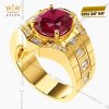 Nhẫn nam vàng Au750 đính kim cương và đá quý đỏ