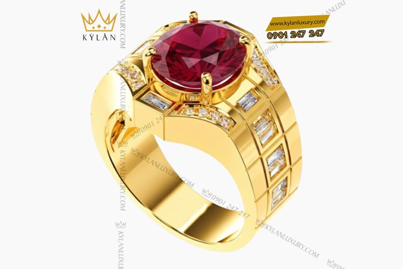 Nhẫn nam vàng Au750 đính kim cương và đá quý đỏ