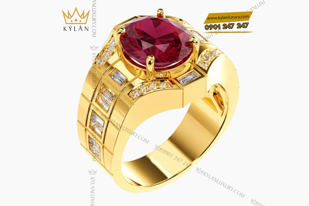 Kỳ Lân Luxury Nhan nam vang Au750 dinh kim cuong va da quy do 4 Nhẫn nam vàng Au750 đính kim cương và đá quý đỏ