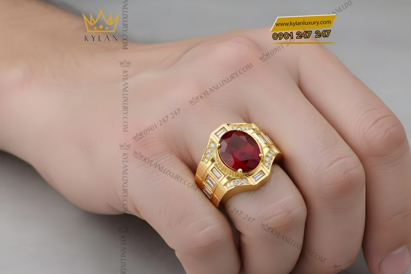 Nhẫn nam vàng Au750 đính kim cương và đá quý đỏ