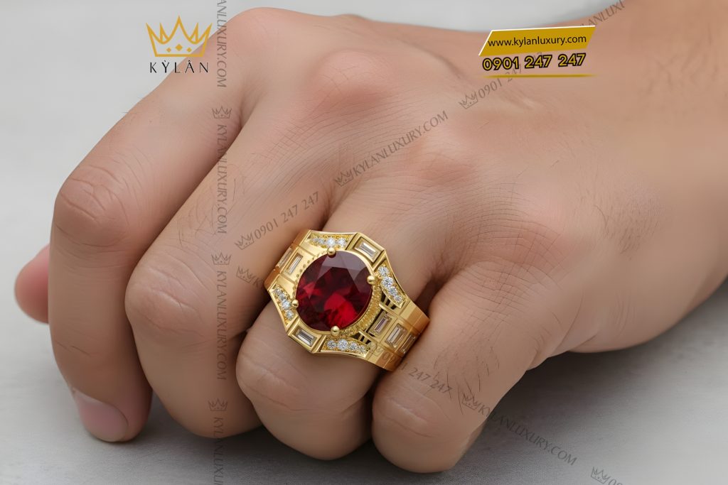 Nhẫn nam vàng Au750 đính kim cương và đá quý đỏ