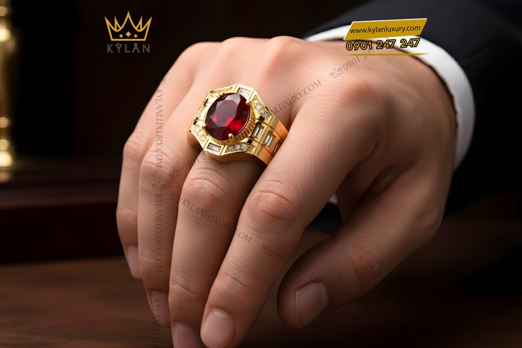 Nhẫn nam vàng Au750 đính kim cương và đá quý đỏ
